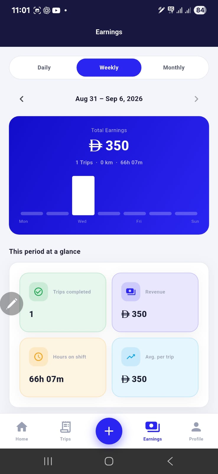 Dhabi Drive Driver App weekly earnings screen