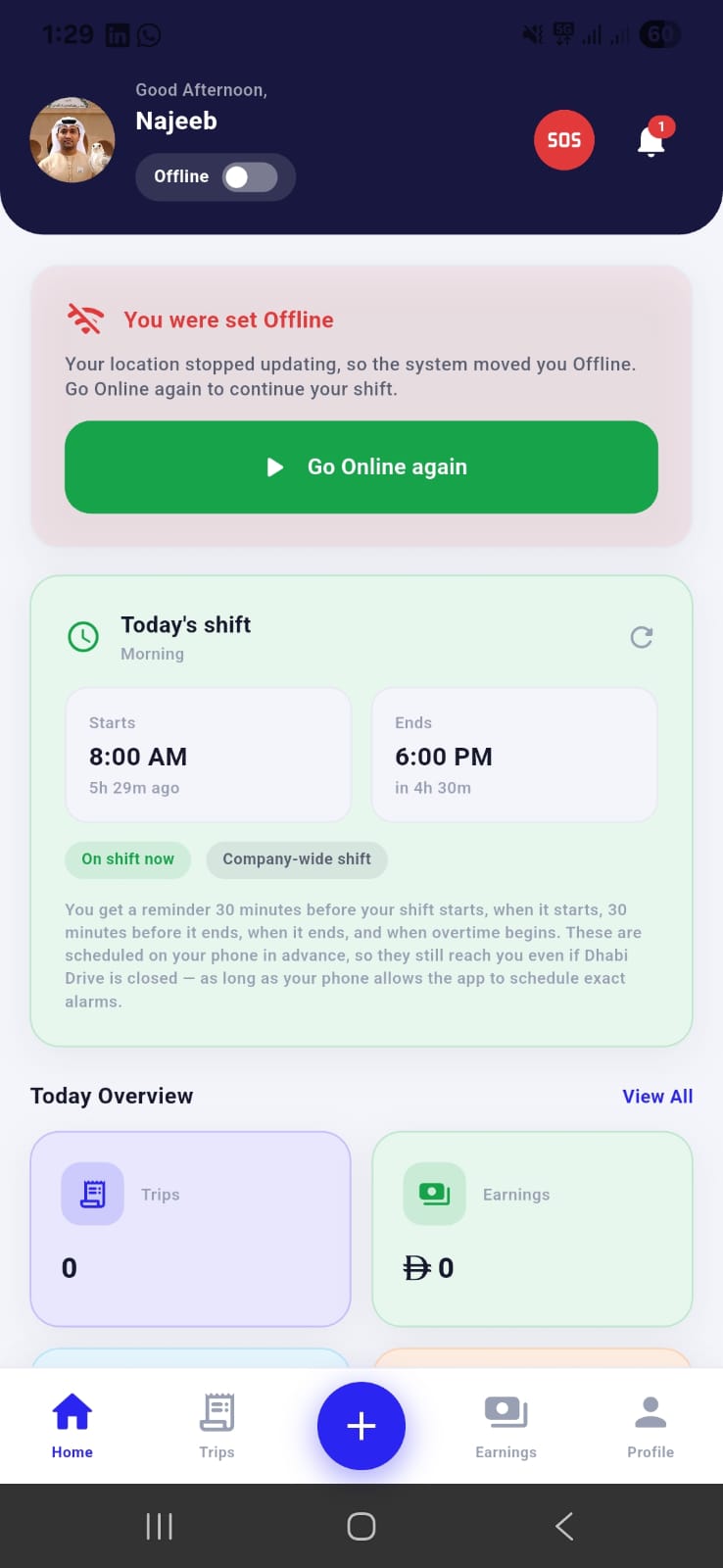 Dhabi Drive Driver App home and shift screen