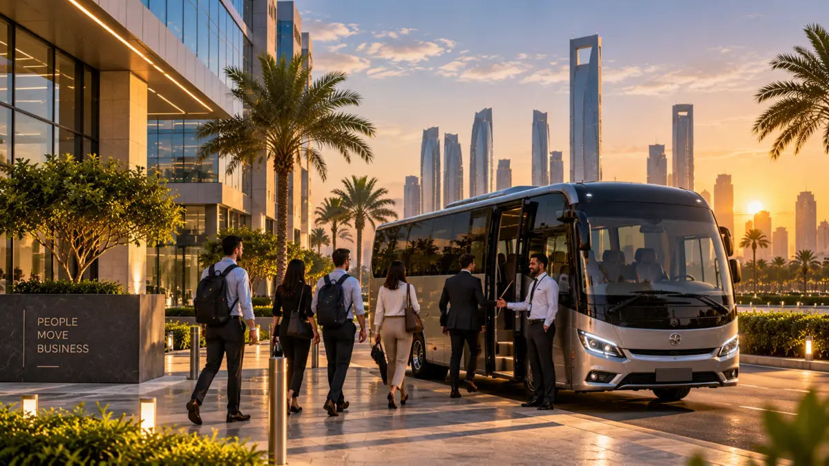 Employees boarding a staff transport shuttle in Abu Dhabi